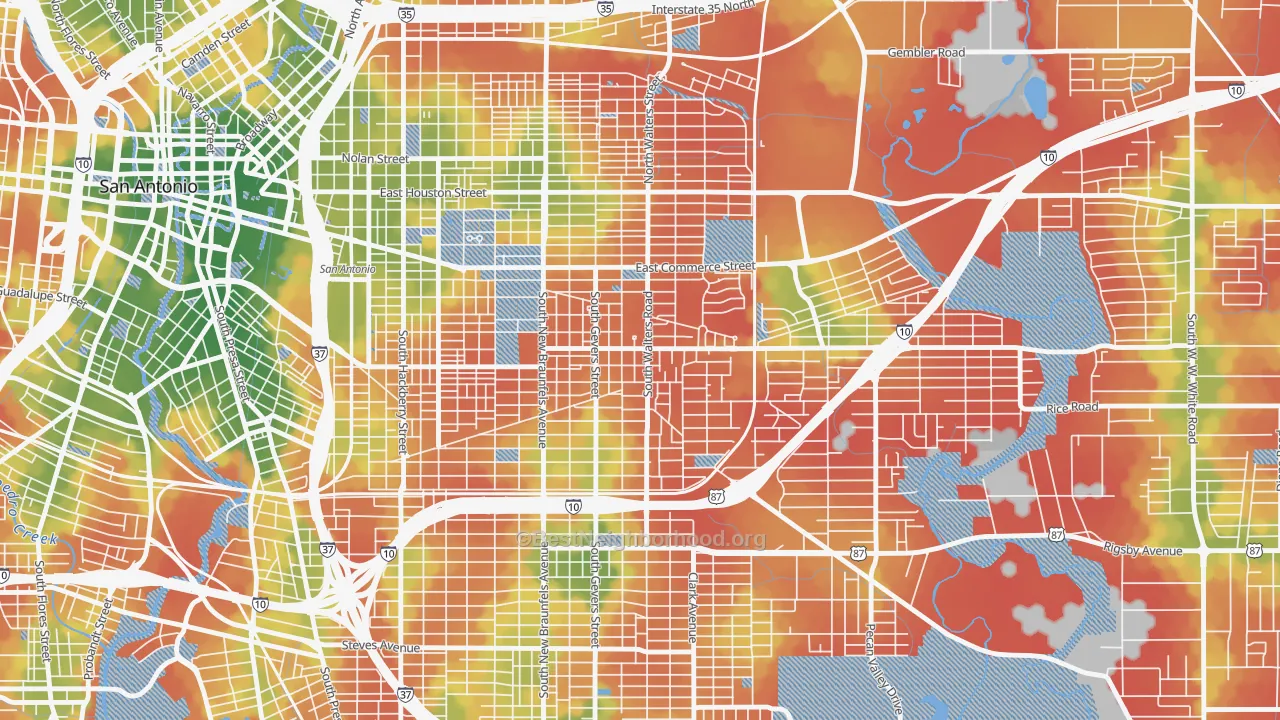 Walk Grade map of Arena District, San Antonio, TX, walkable areas in green and car-dependent areas in red