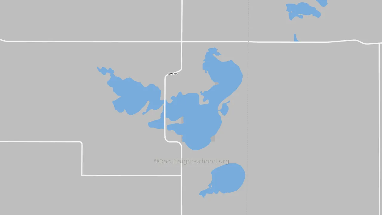 Walk Grade map of Arena, ND, walkable areas in green and car-dependent areas in red