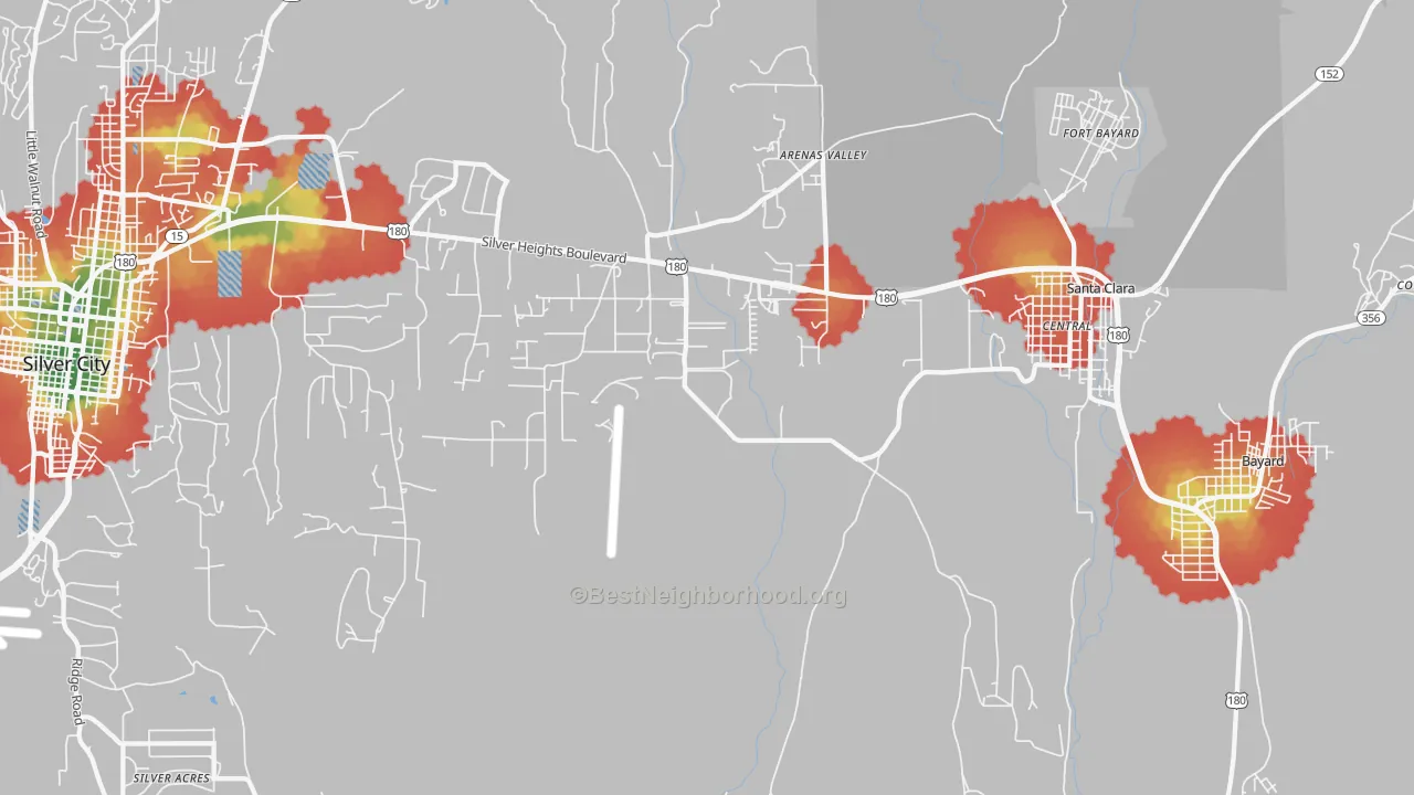 Walk Grade map of Arenas Valley, NM, walkable areas in green and car-dependent areas in red