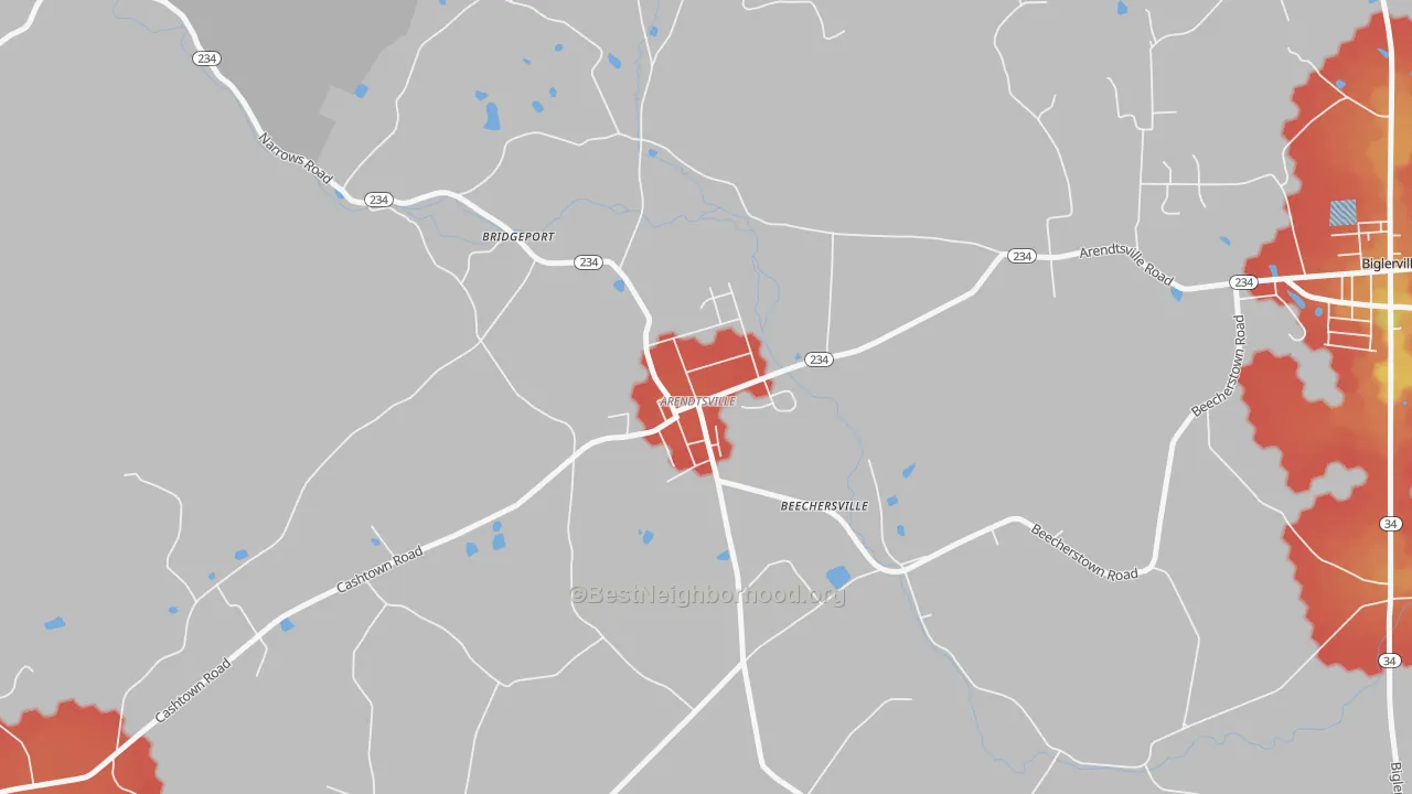 Walk Grade map of Arendtsville, PA, walkable areas in green and car-dependent areas in red
