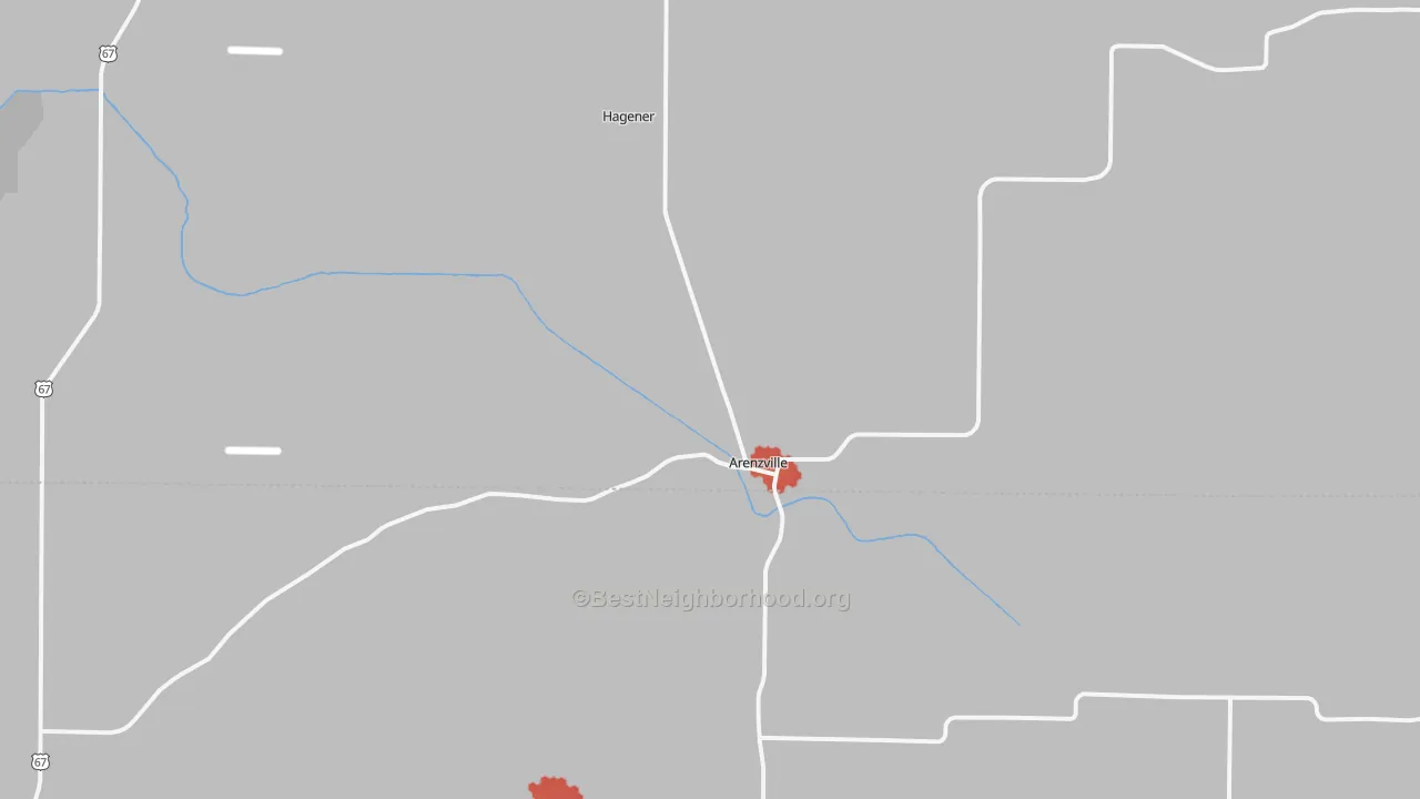 Walk Grade map of Arenzville, IL, walkable areas in green and car-dependent areas in red
