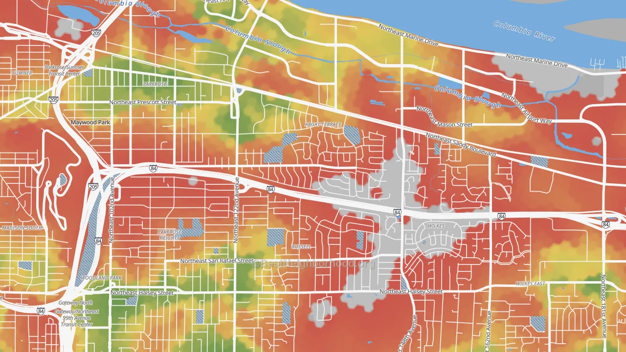 Walk Grade map of Argay, Portland, OR, walkable areas in green and car-dependent areas in red