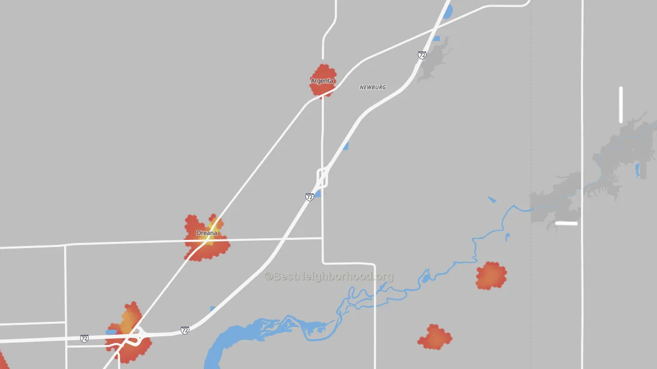 Walk Grade map of Argenta, IL, walkable areas in green and car-dependent areas in red
