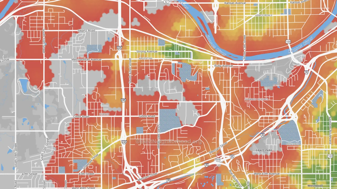 Walk Grade map of Argentine, Kansas City, KS, walkable areas in green and car-dependent areas in red
