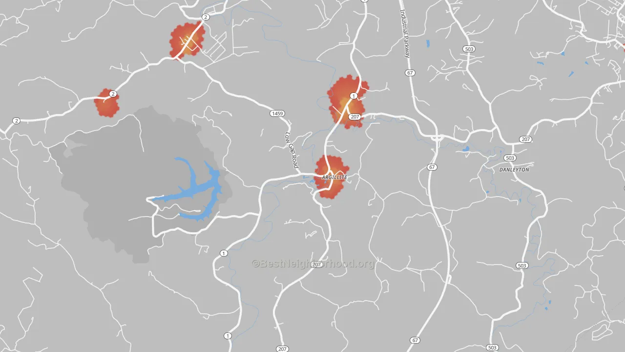 Walk Grade map of Argillite, KY, walkable areas in green and car-dependent areas in red