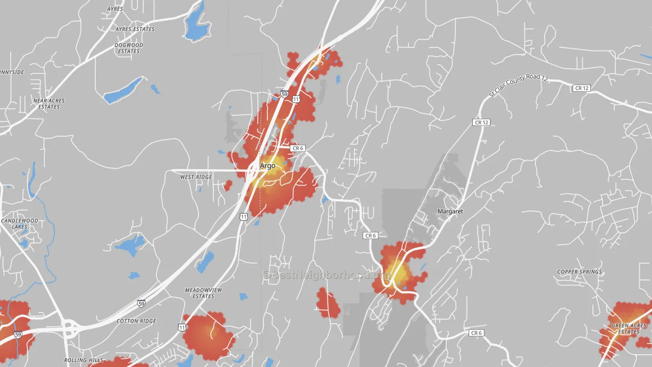Walk Grade map of Argo, AL, walkable areas in green and car-dependent areas in red