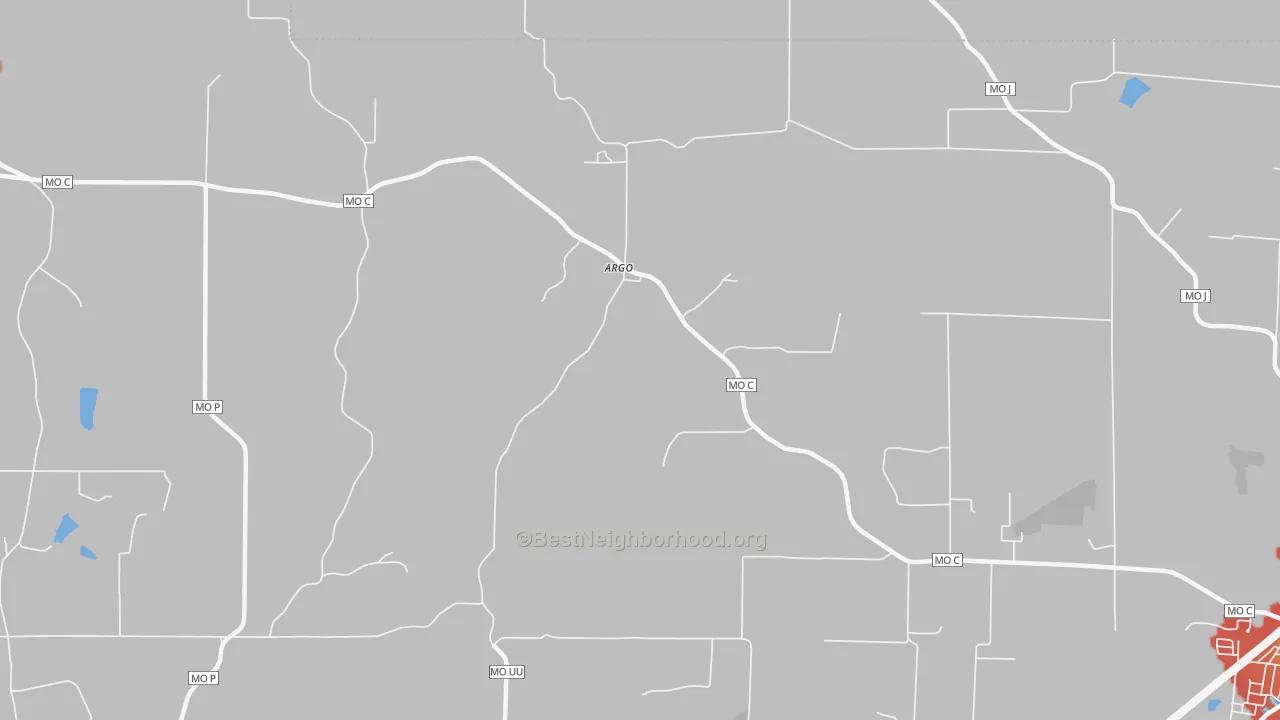 Walk Grade map of Argo, MO, walkable areas in green and car-dependent areas in red