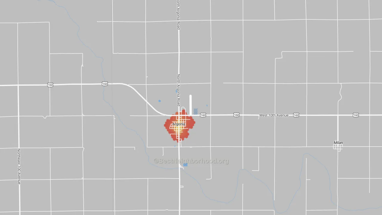 Walk Grade map of Argonia, KS, walkable areas in green and car-dependent areas in red