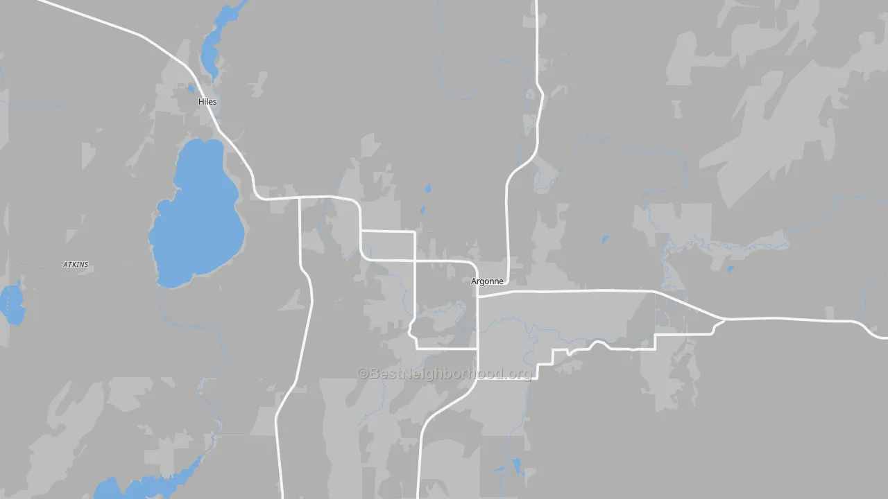 Walk Grade map of Argonne, WI, walkable areas in green and car-dependent areas in red