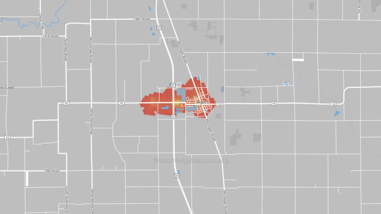 Walk Grade map of Argos, IN, walkable areas in green and car-dependent areas in red