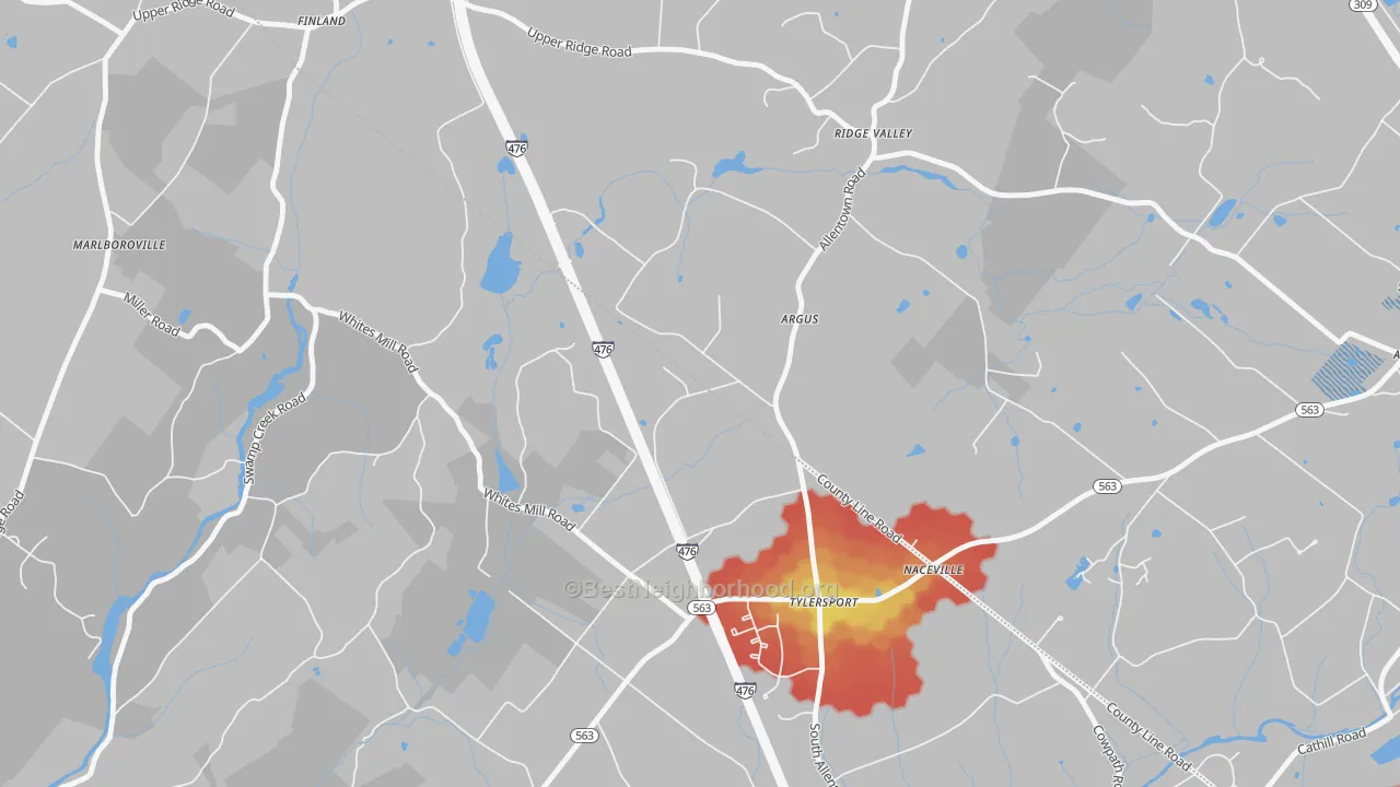 Walk Grade map of Argus, PA, walkable areas in green and car-dependent areas in red