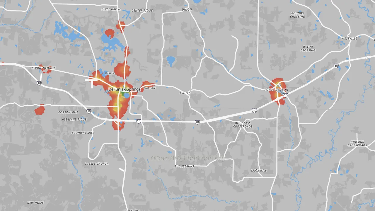Walk Grade map of Argyle, FL, walkable areas in green and car-dependent areas in red