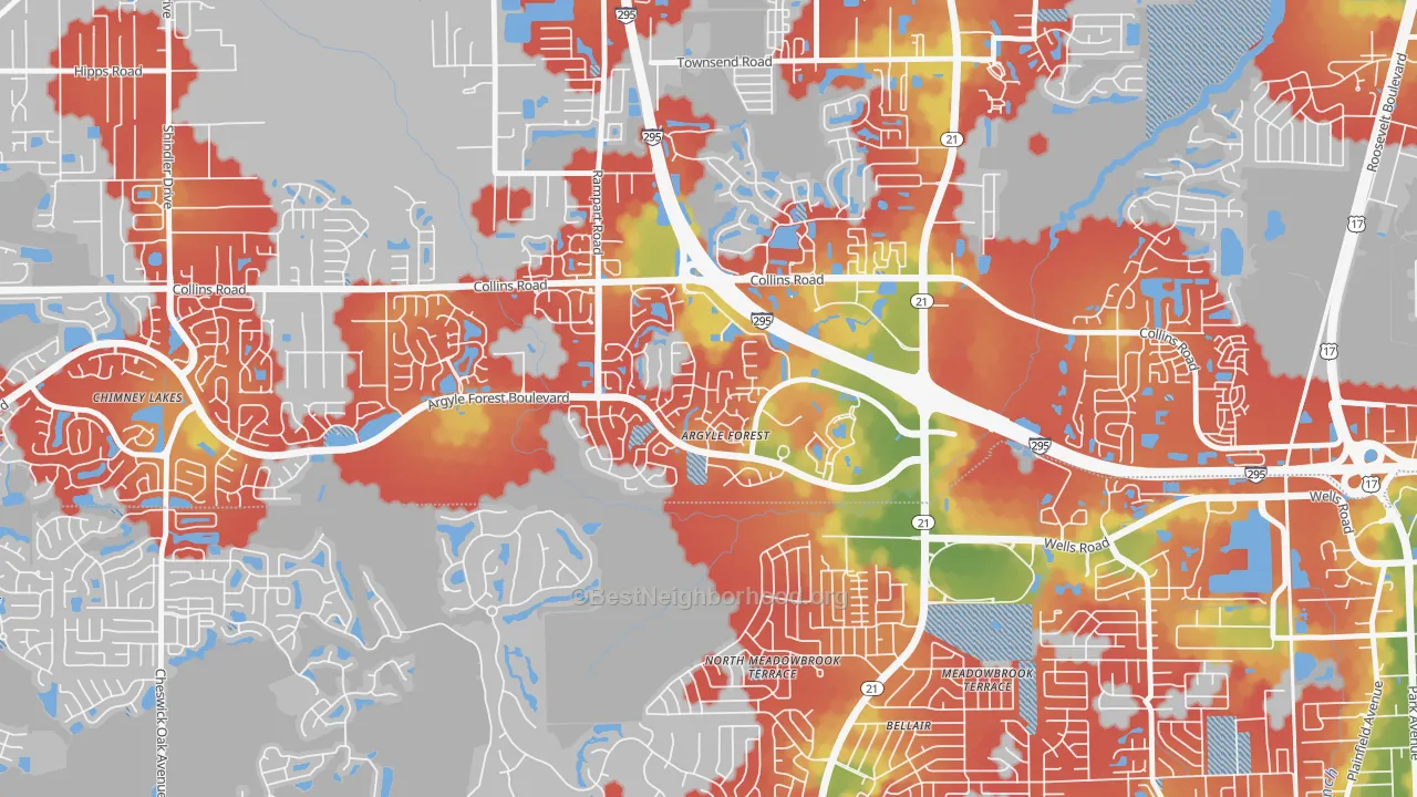 Walk Grade map of Argyle Forest, Jacksonville, FL, walkable areas in green and car-dependent areas in red