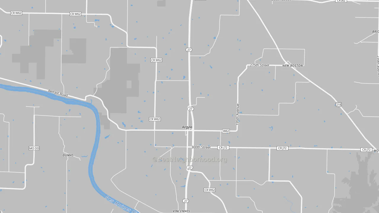 Walk Grade map of Argyle, IA, walkable areas in green and car-dependent areas in red