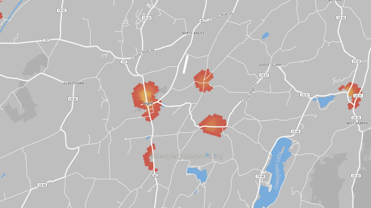 Walk Grade map of Argyle, NY, walkable areas in green and car-dependent areas in red