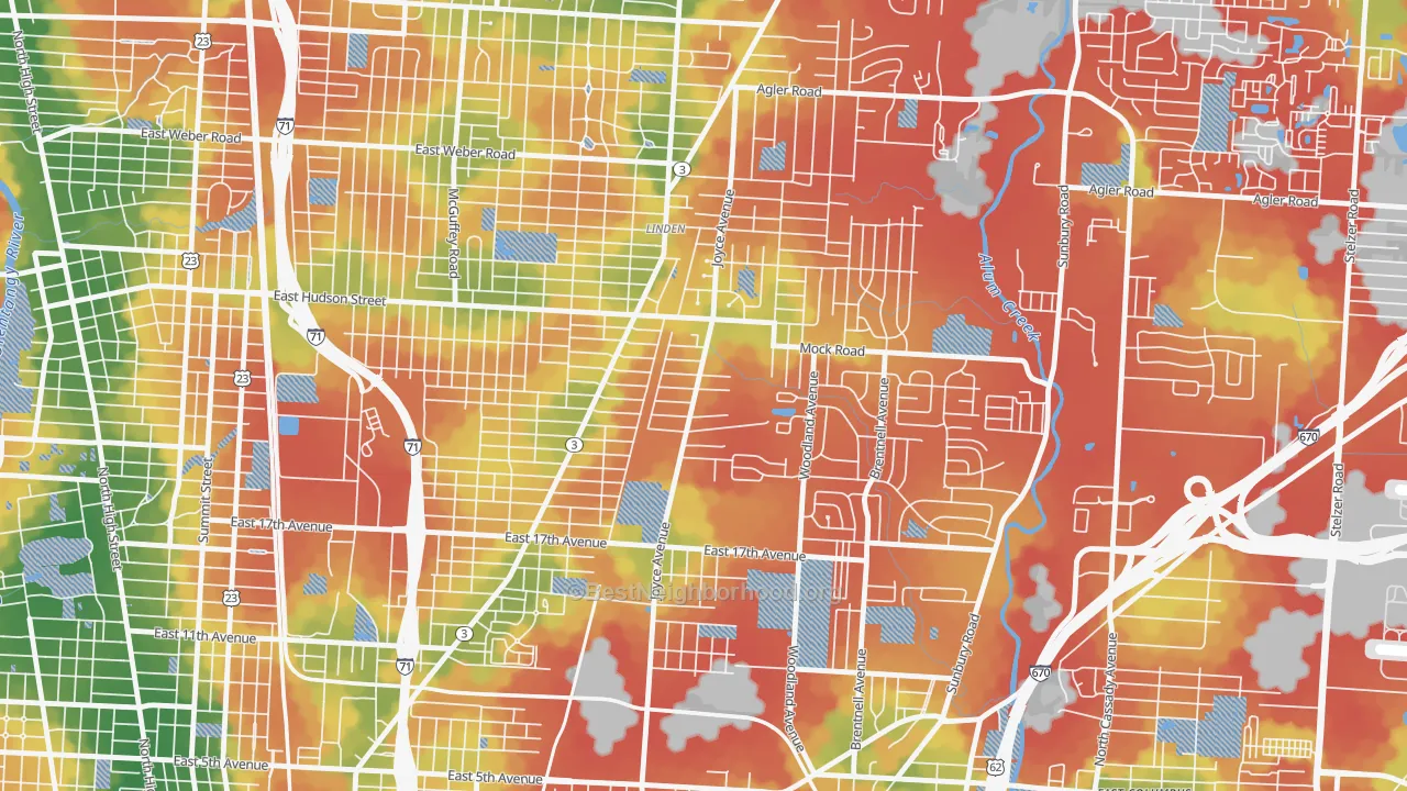 Walk Grade map of Argyle Park, Columbus, OH, walkable areas in green and car-dependent areas in red