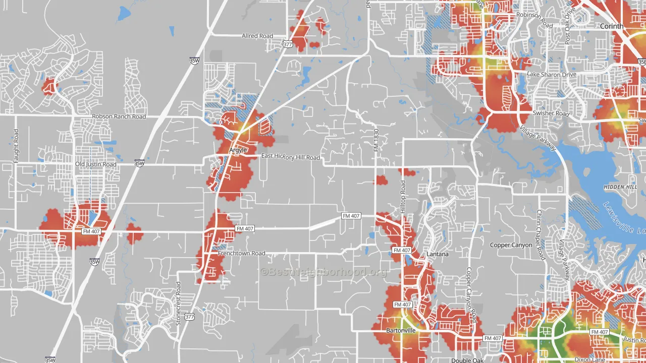 Walk Grade map of Argyle, TX, walkable areas in green and car-dependent areas in red