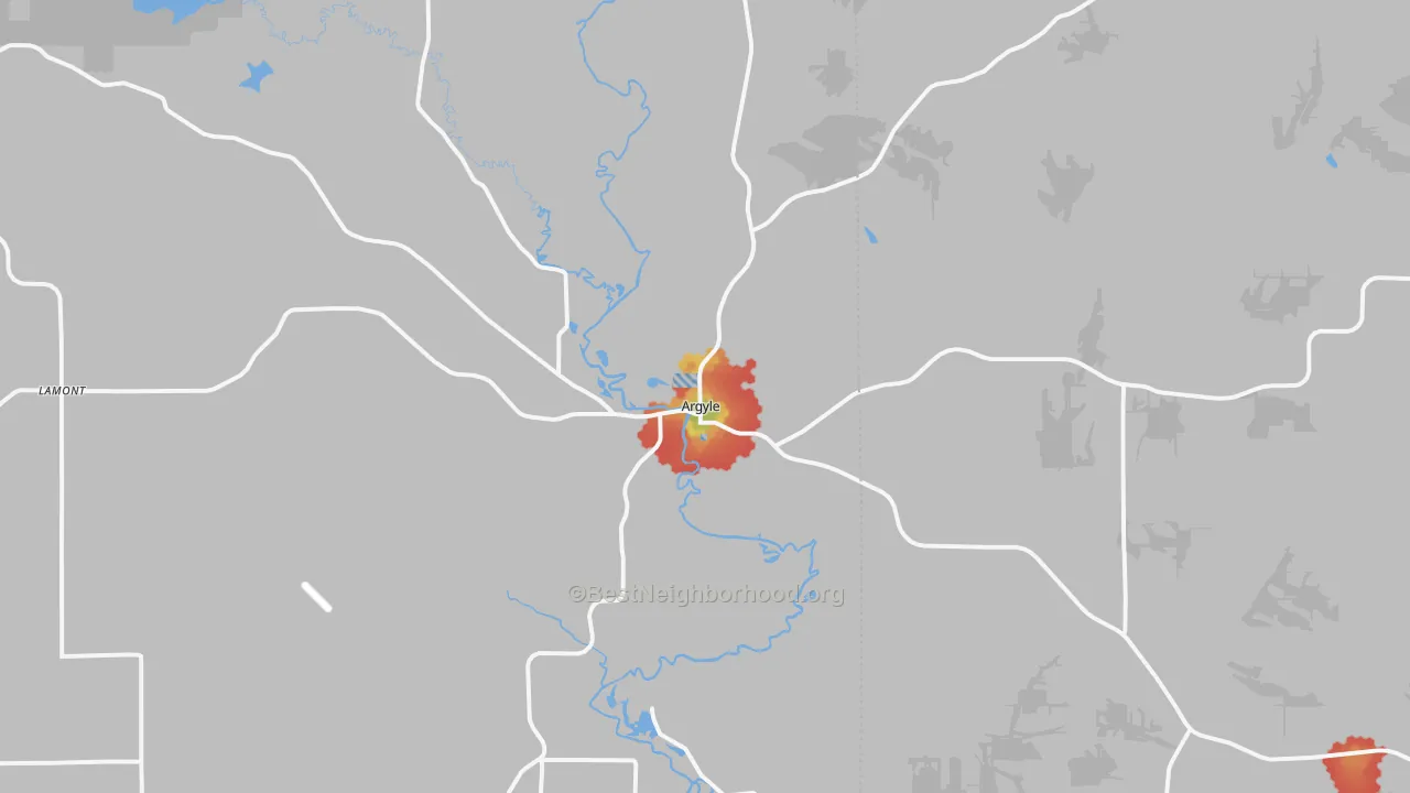 Walk Grade map of Argyle, WI, walkable areas in green and car-dependent areas in red