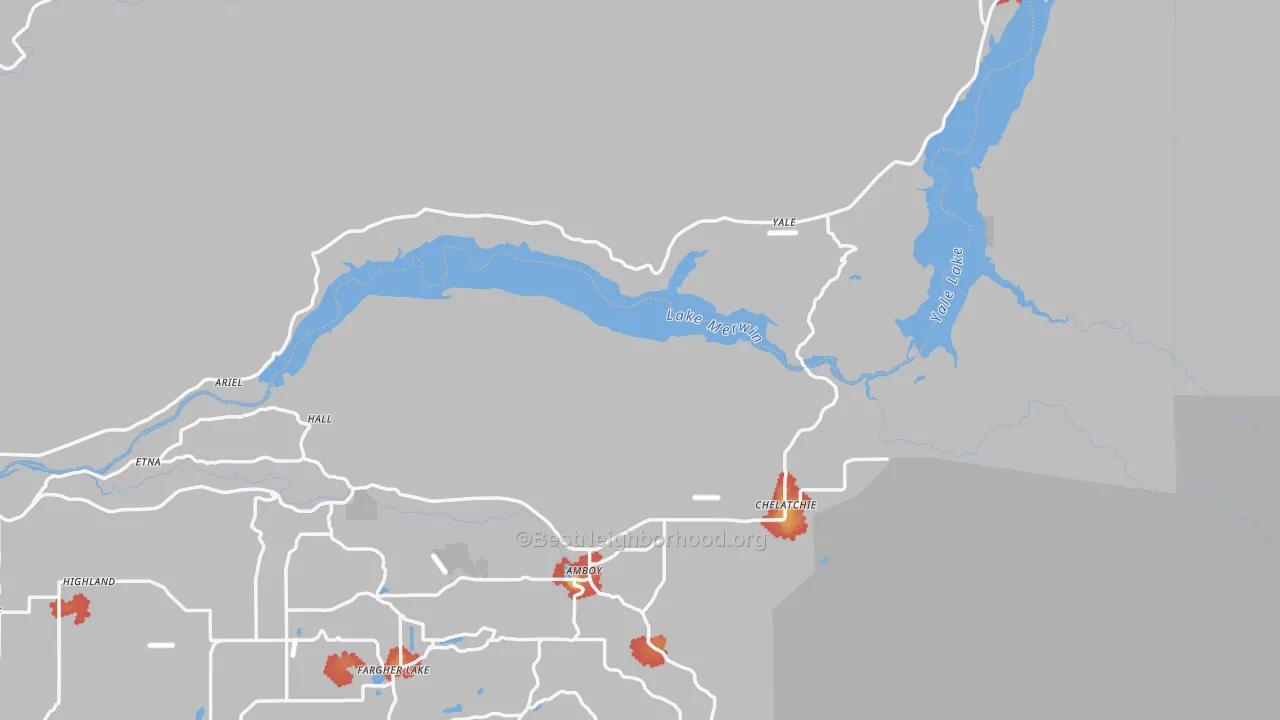 Walk Grade map of Ariel, WA, walkable areas in green and car-dependent areas in red