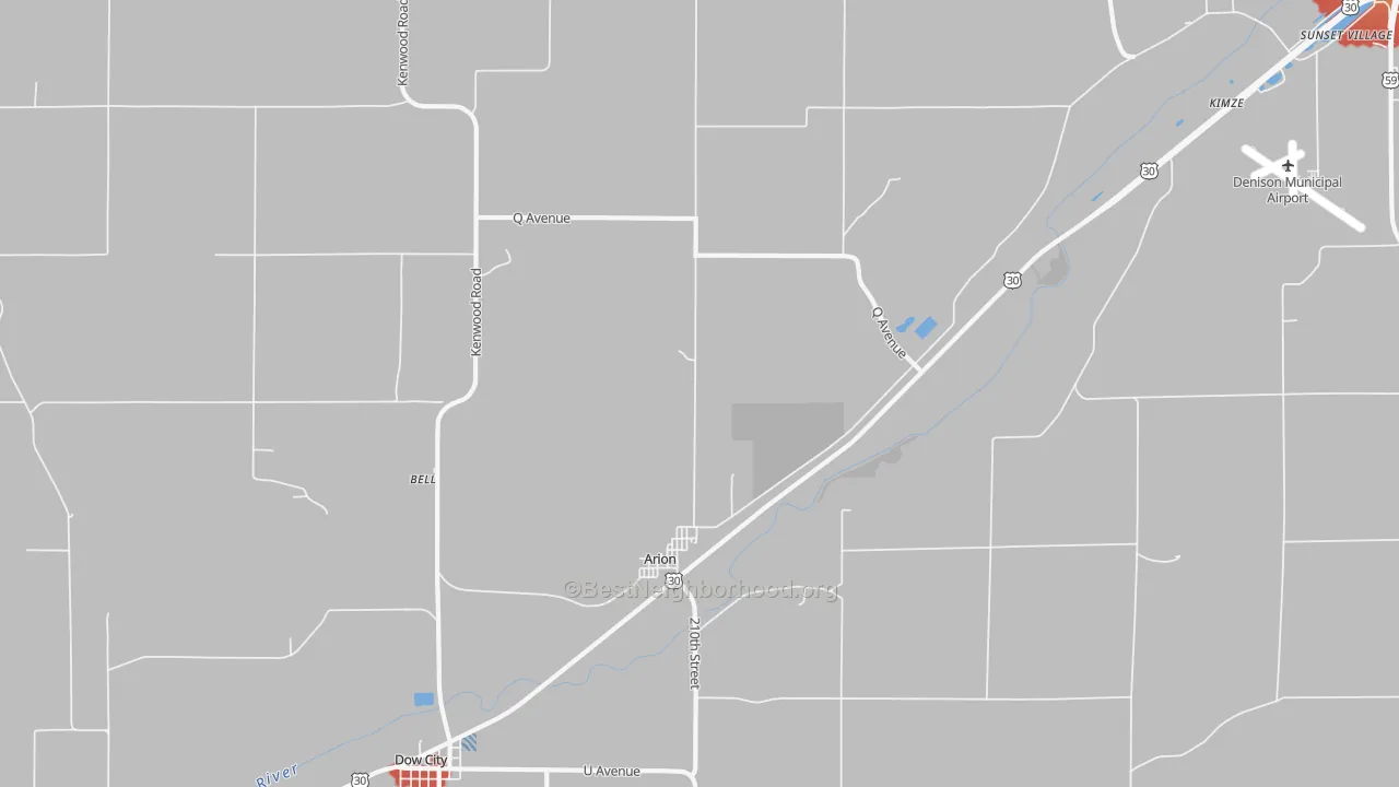 Walk Grade map of Arion, IA, walkable areas in green and car-dependent areas in red