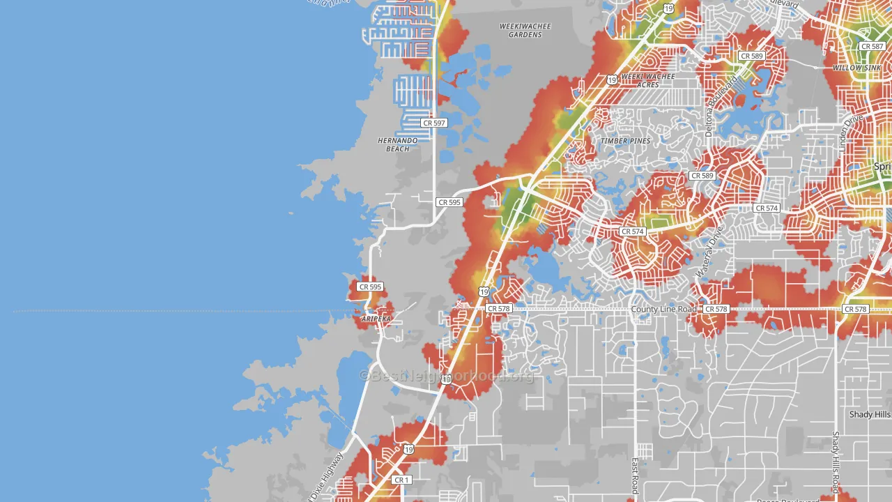 Walk Grade map of Aripeka, FL, walkable areas in green and car-dependent areas in red