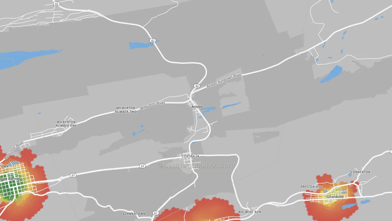 Walk Grade map of Aristes, PA, walkable areas in green and car-dependent areas in red