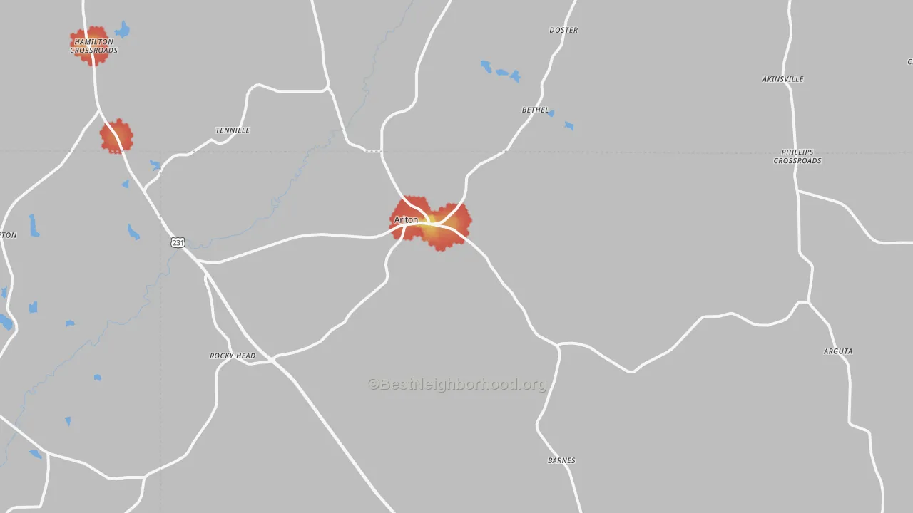 Walk Grade map of Ariton, AL, walkable areas in green and car-dependent areas in red