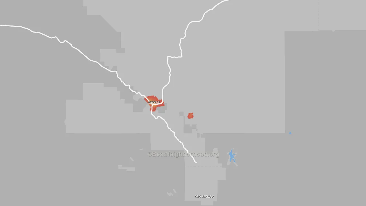 Walk Grade map of Arivaca, AZ, walkable areas in green and car-dependent areas in red