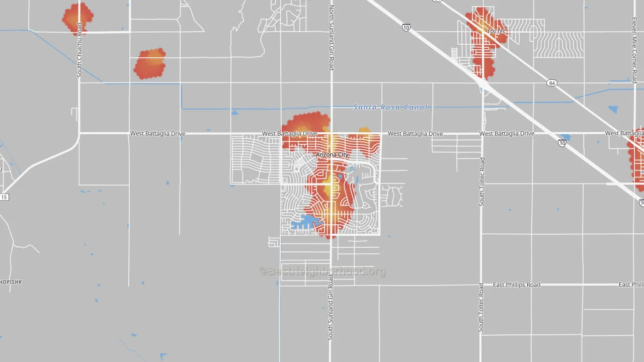 Walk Grade map of Arizona City, AZ, walkable areas in green and car-dependent areas in red