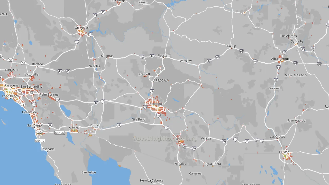 Walk Grade map of Arizona, walkable areas in green and car-dependent areas in red