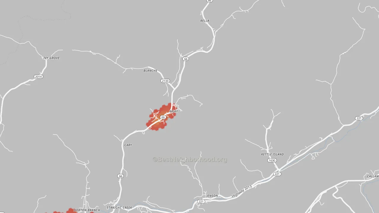 Walk Grade map of Arjay, KY, walkable areas in green and car-dependent areas in red