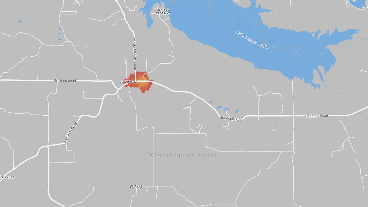 Walk Grade map of Arkabutla, MS, walkable areas in green and car-dependent areas in red