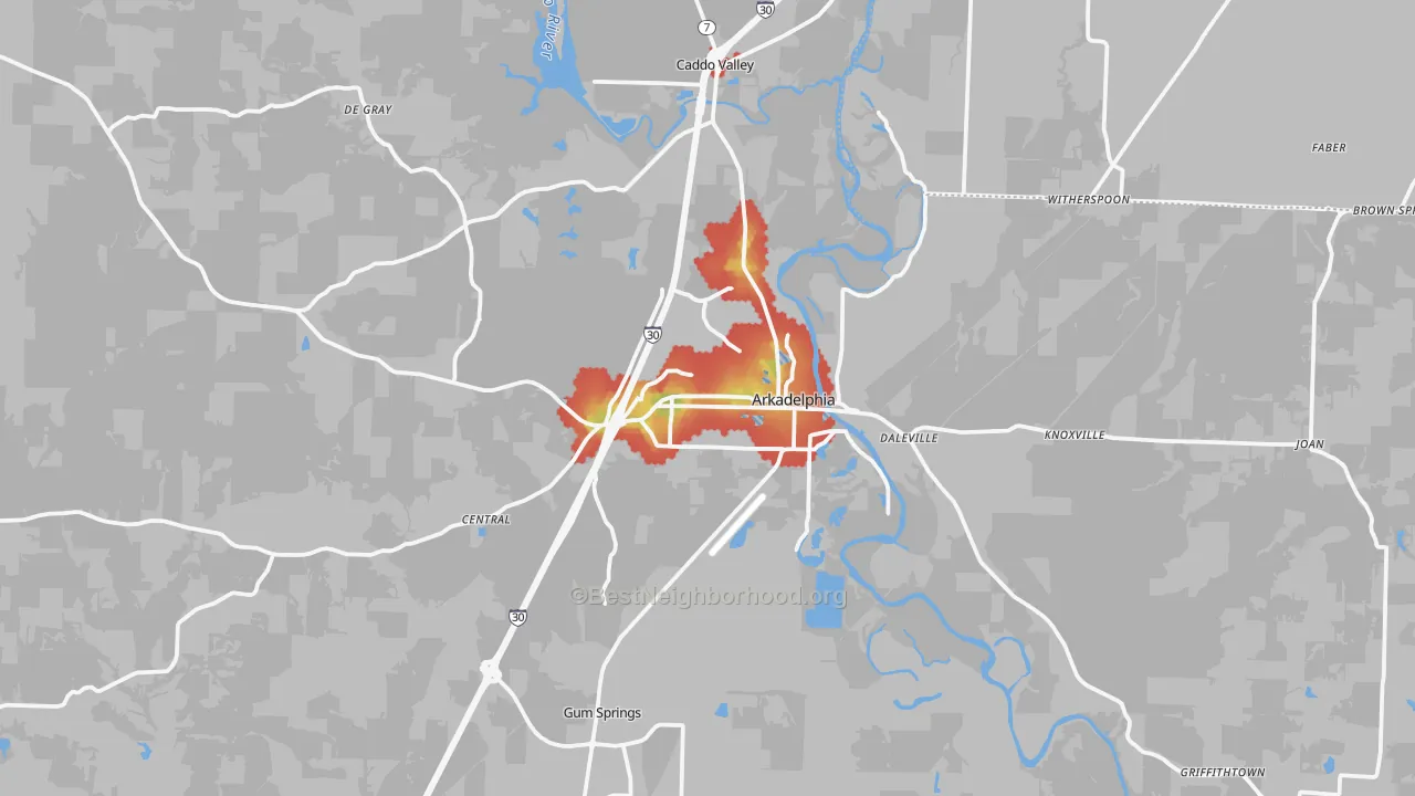 Walk Grade map of Arkadelphia, AR, walkable areas in green and car-dependent areas in red