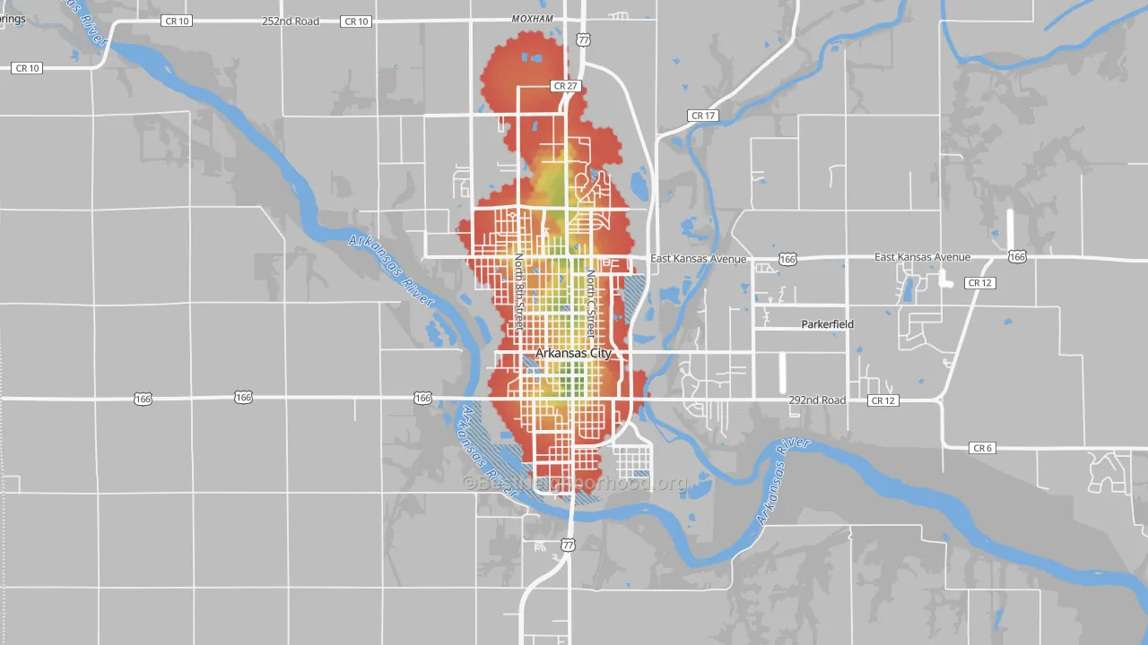 Walk Grade map of Arkansas City, KS, walkable areas in green and car-dependent areas in red
