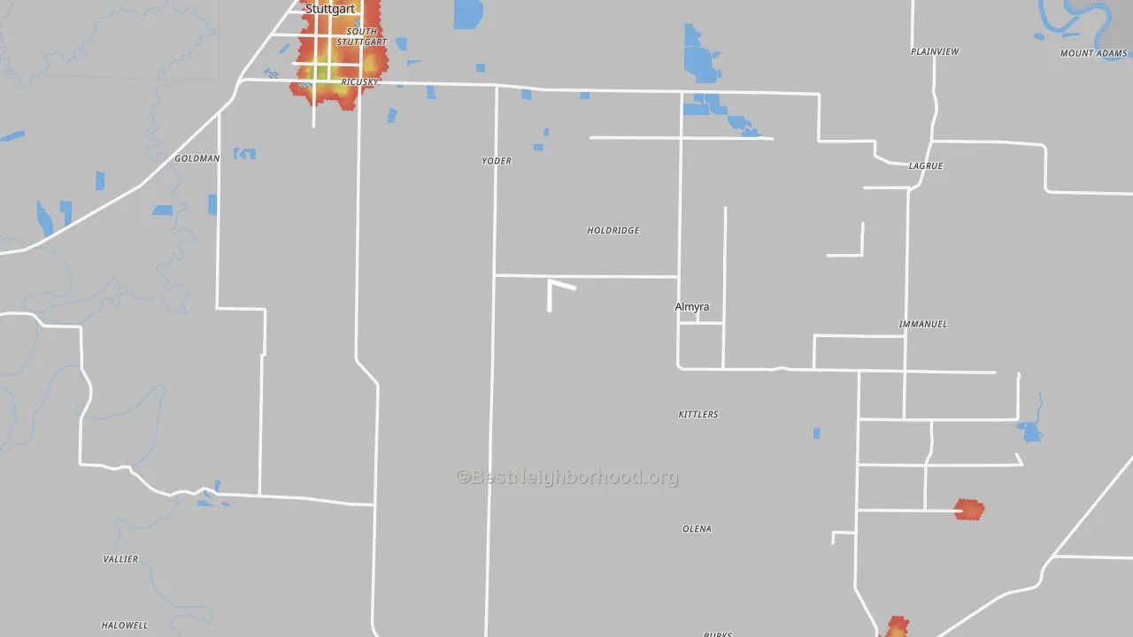 Walk Grade map of Arkansas County, AR, walkable areas in green and car-dependent areas in red