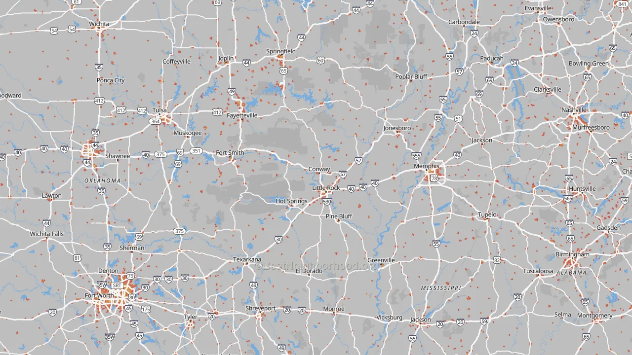 Walk Grade map of Arkansas, walkable areas in green and car-dependent areas in red