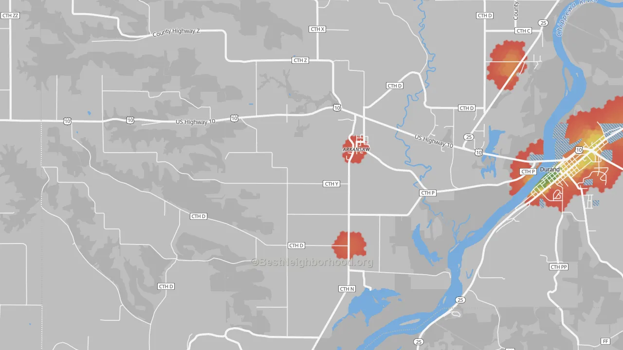 Walk Grade map of Arkansaw, WI, walkable areas in green and car-dependent areas in red