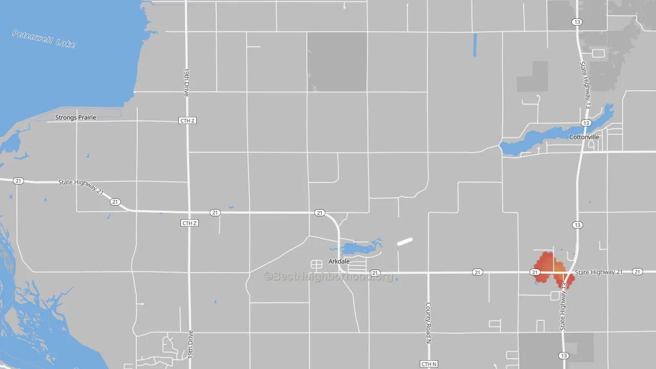 Walk Grade map of Arkdale, WI, walkable areas in green and car-dependent areas in red