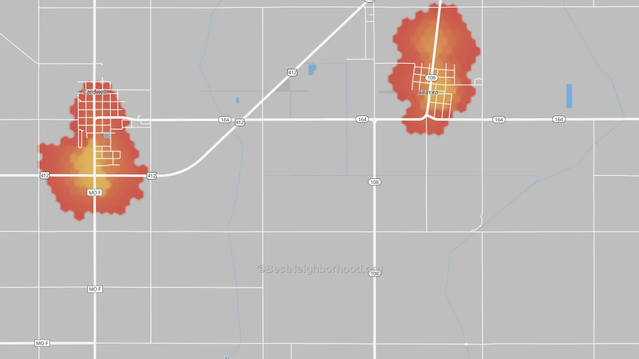 Walk Grade map of Arkmo, MO, walkable areas in green and car-dependent areas in red
