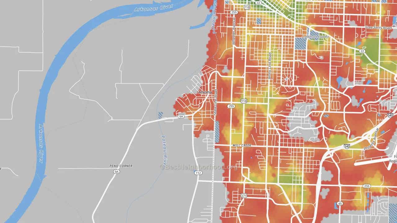 Walk Grade map of Arkoma, OK, walkable areas in green and car-dependent areas in red
