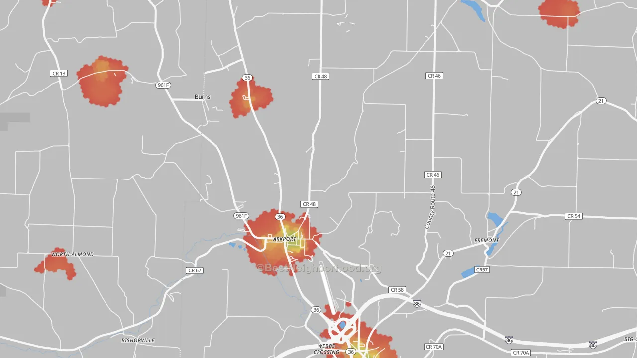 Walk Grade map of Arkport, NY, walkable areas in green and car-dependent areas in red