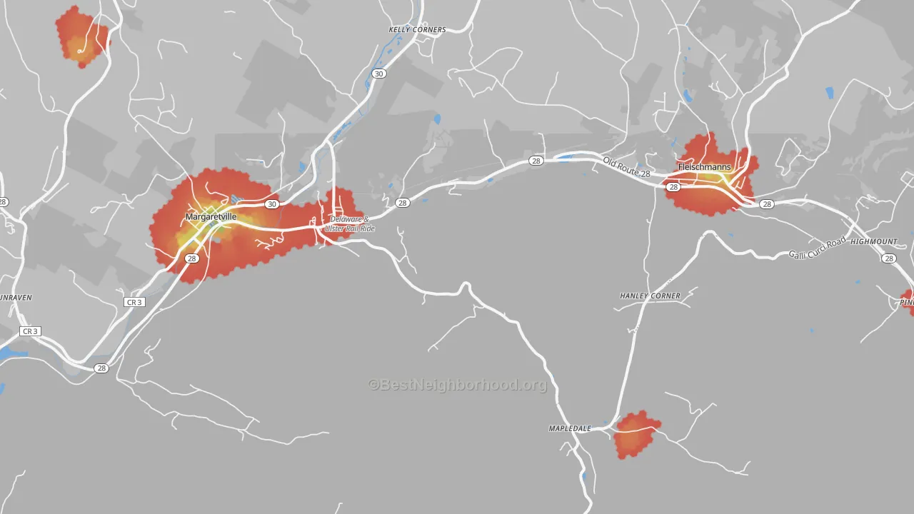 Walk Grade map of Arkville, NY, walkable areas in green and car-dependent areas in red