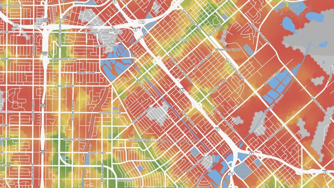 Walk Grade map of Arleta, Pacoima, CA, walkable areas in green and car-dependent areas in red