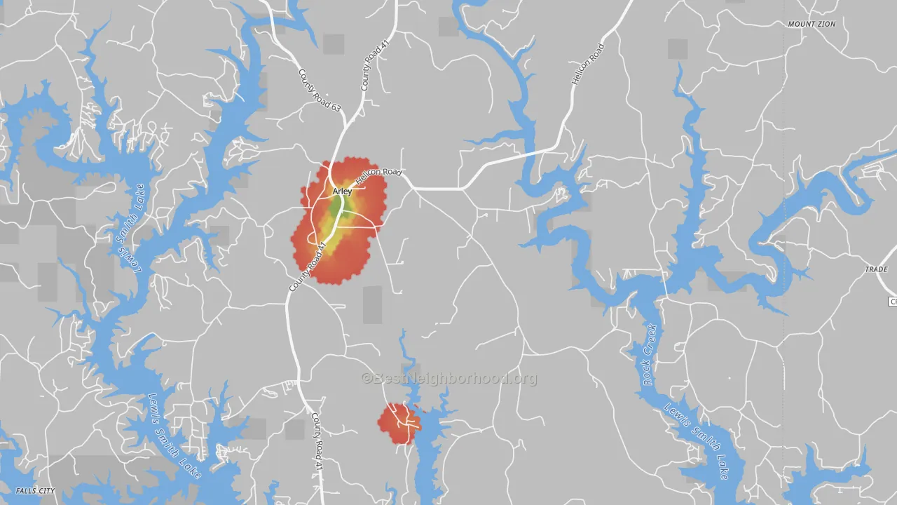 Walk Grade map of Arley, AL, walkable areas in green and car-dependent areas in red