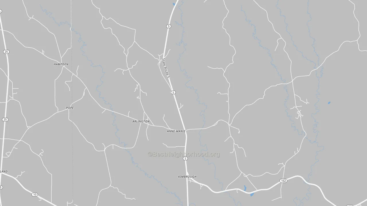 Walk Grade map of Arlington, AL, walkable areas in green and car-dependent areas in red