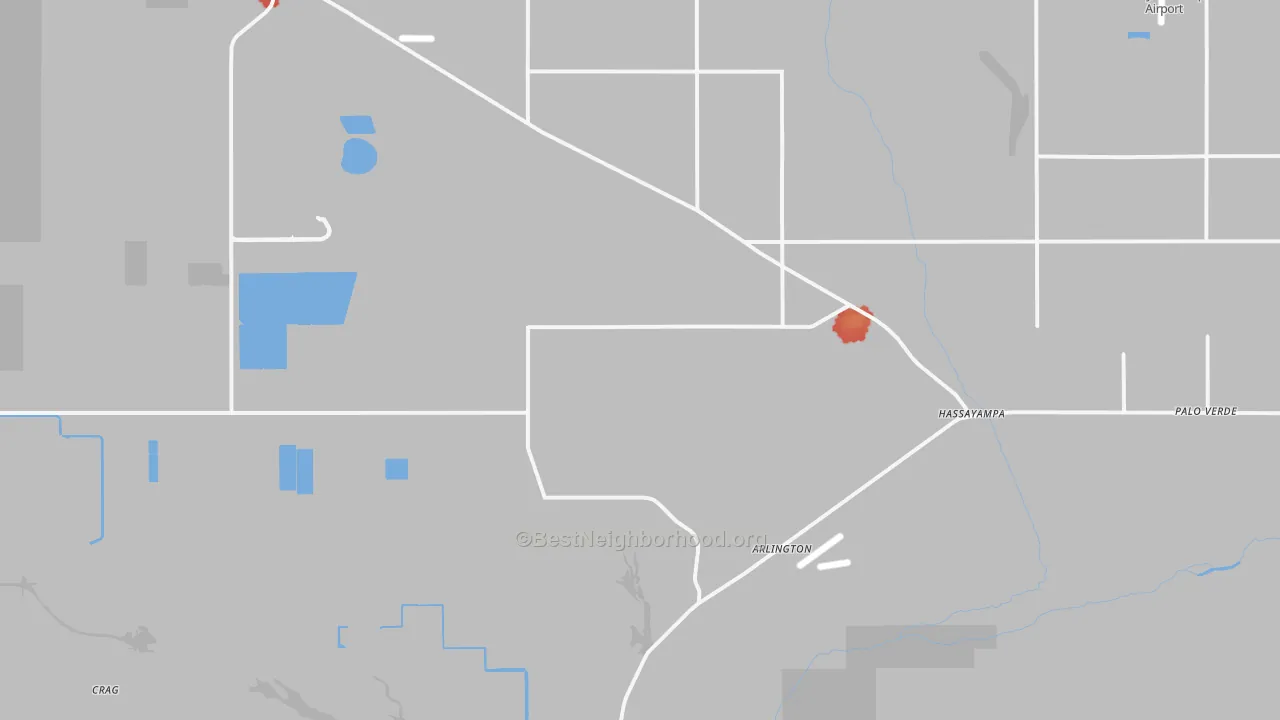 Walk Grade map of Arlington, AZ, walkable areas in green and car-dependent areas in red