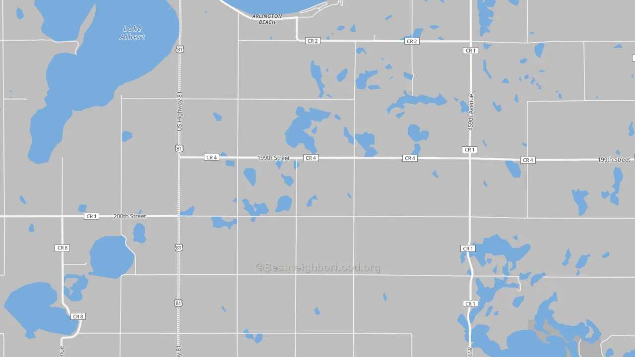 Walk Grade map of Arlington Beach, SD, walkable areas in green and car-dependent areas in red