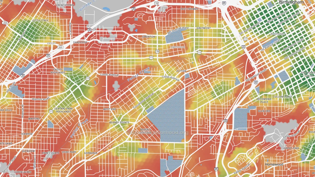 Walk Grade map of Arlington, Birmingham, AL, walkable areas in green and car-dependent areas in red