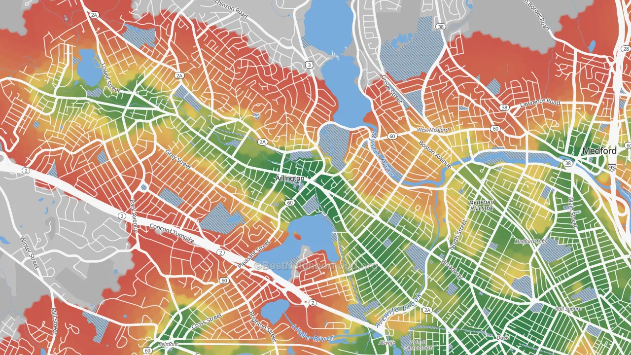 Walk Grade map of Arlington Center, Arlington, MA, walkable areas in green and car-dependent areas in red