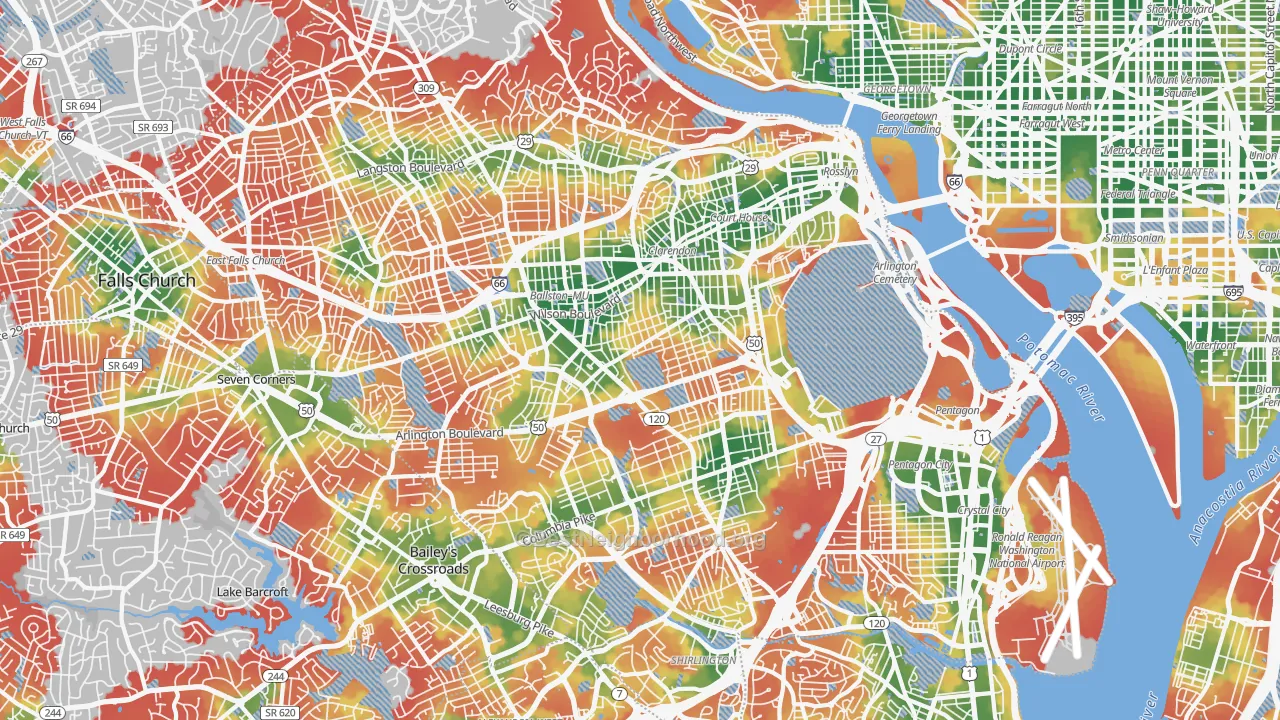 Walk Grade map of Arlington County, VA, walkable areas in green and car-dependent areas in red